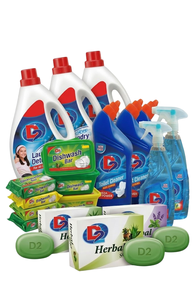 D2 product showcase including toilet cleaner, glass cleaner, floor cleaner, liquid detergent, dishwash bar, and herbal soap